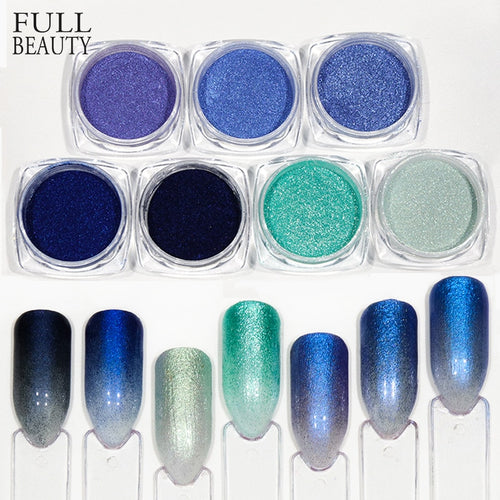 Full Beauty 7Pcs Mocha Gradient Nail Glitter Pigment Powder Blue Shimmer Flakes Set UV Gel Polishing Nail Art Decoration CHBJ7